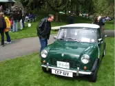 FL Decker looking at an older Mini Cooper car parked in grass